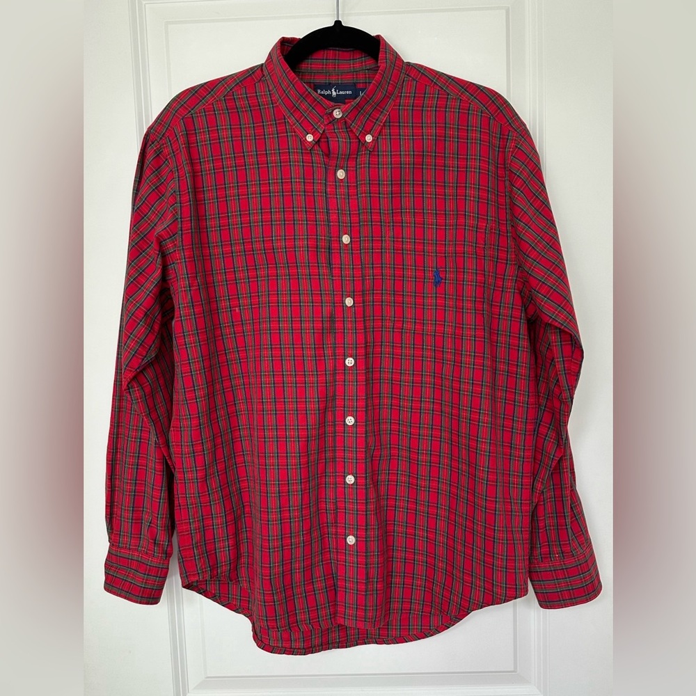Polo Ralph Lauren Shirt Boys L Red Blue Plaid Button Down Long Sleeve Cotton